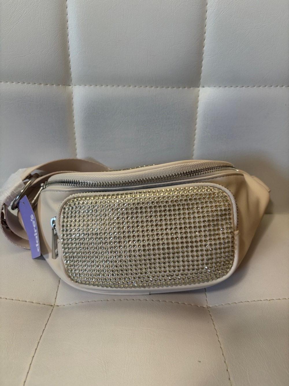 Beige Rhinestone Front Pocket Waist Bag